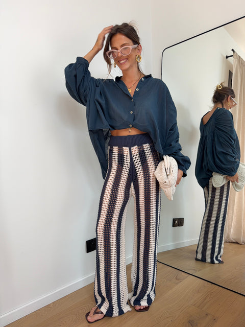 Pantalon en crochet rayé - bleu