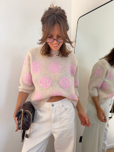 Pull à pois manches 3/4 - rose