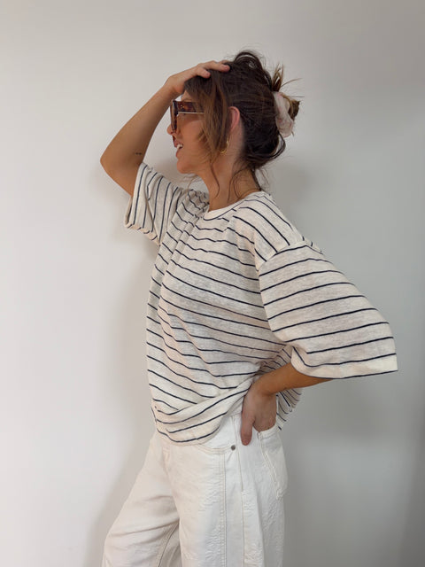 T-shirt à rayures - beige et bleu