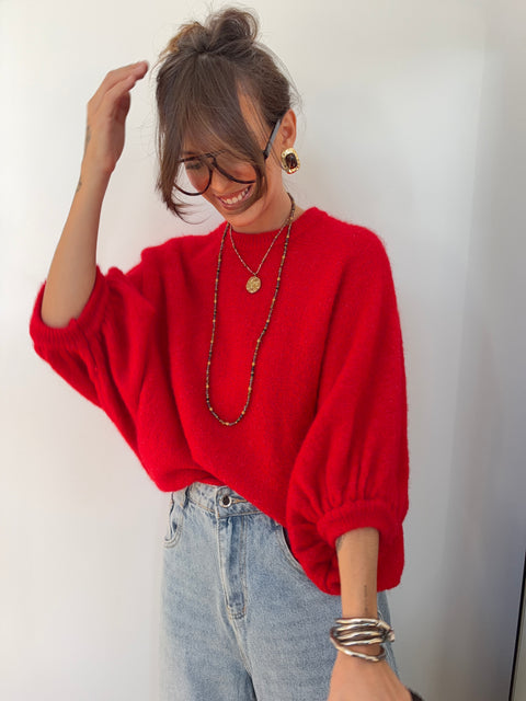 Pull manches 3/4 col rond - rouge