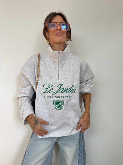 Sweat à zip col montant - gris chiné