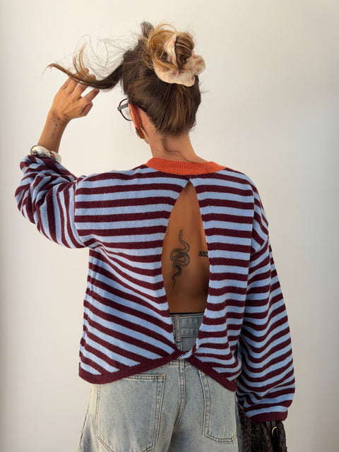 Pull dos nu rayé - bleu & bordeaux