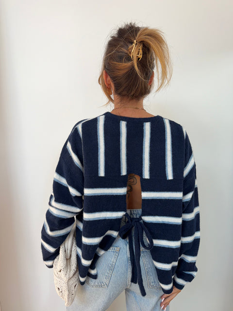 Pull rayé avec noeud - bleu