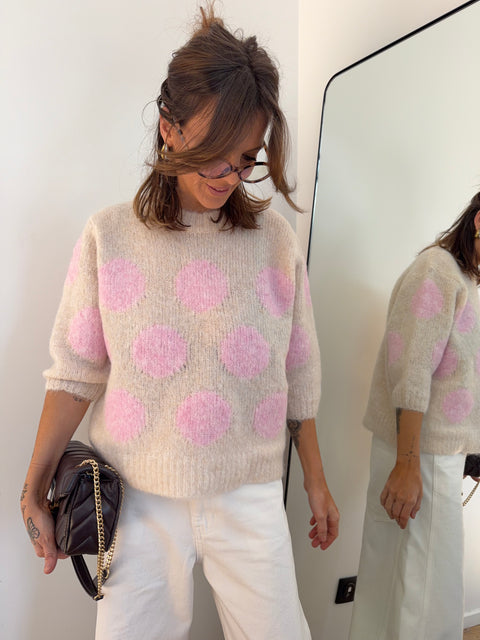 Pull à pois manches 3/4 - rose