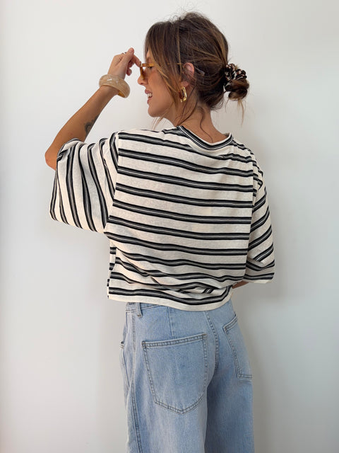 T-shirt à rayures - beige et noir