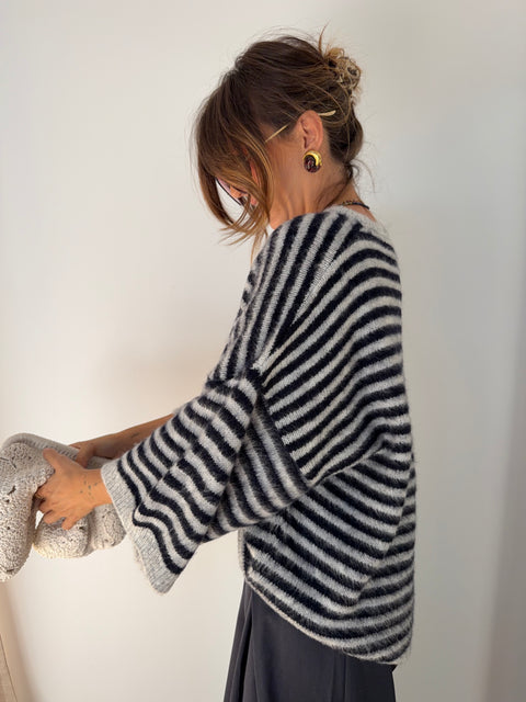 Pull manches 3/4 rayé - bleu marine
