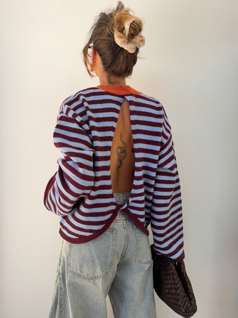 Pull dos nu rayé - bleu & bordeaux