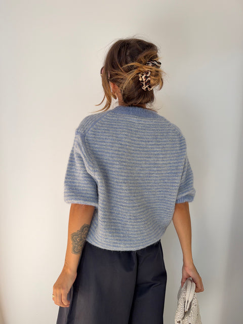 Pull manches 3/4 rayé - bleu clair