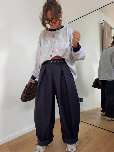 Pantalon structuré & ceinture - bleu marine
