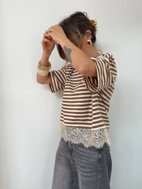 T-shirt rayé dentelle - camel