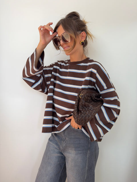 T-shirt manches longue avec noeud rayé - chocolat