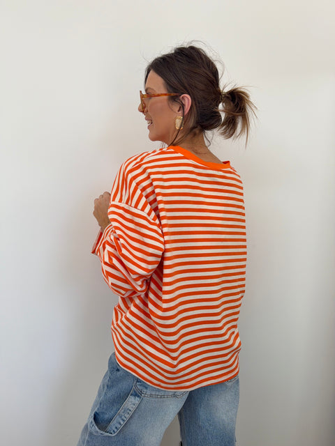 T-shirt rayé manches longues - orange