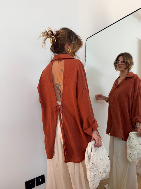 Chemise dos nu en lin - terracotta