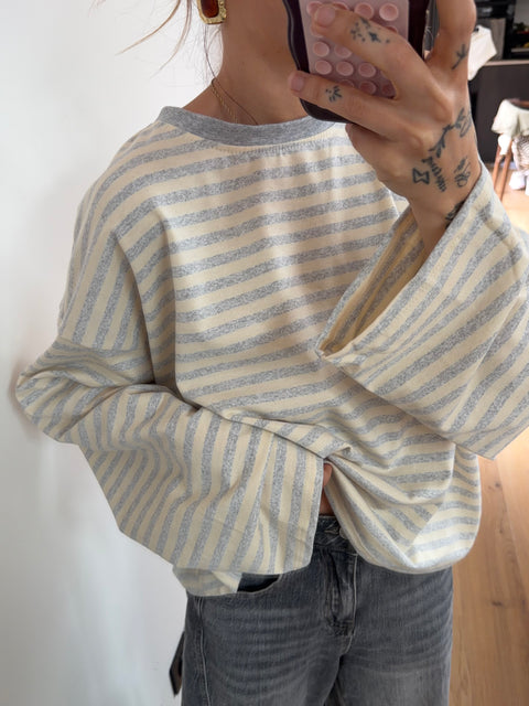 T-shirt manches longues rayé - gris et beige