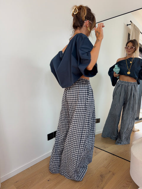 Pantalon large à carreaux - bleu marine