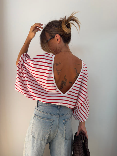 T-shirt dos nu V - blanc rayé rouge