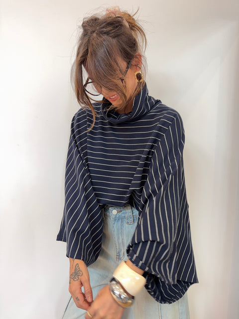Sweat col montant  - bleu marine & blanc