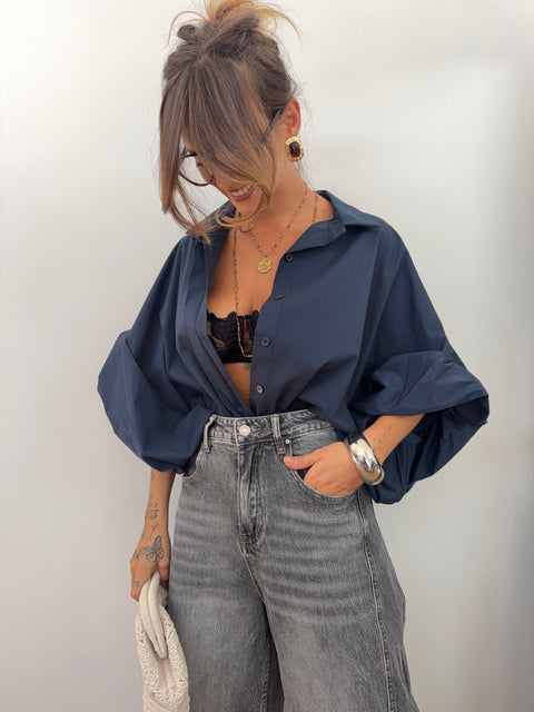 Chemise manches bouffantes - bleu marine