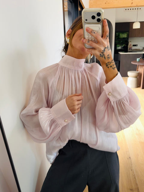 Blouse satinée à col montant - rose