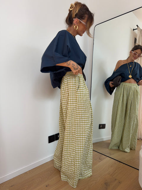 Pantalon large à carreaux - vert anis