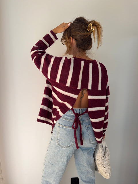 Pull rayé avec noeud - bordeaux