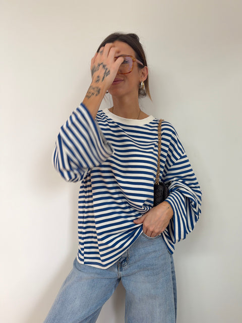 T-shirt manches longues rayé - bleu royale