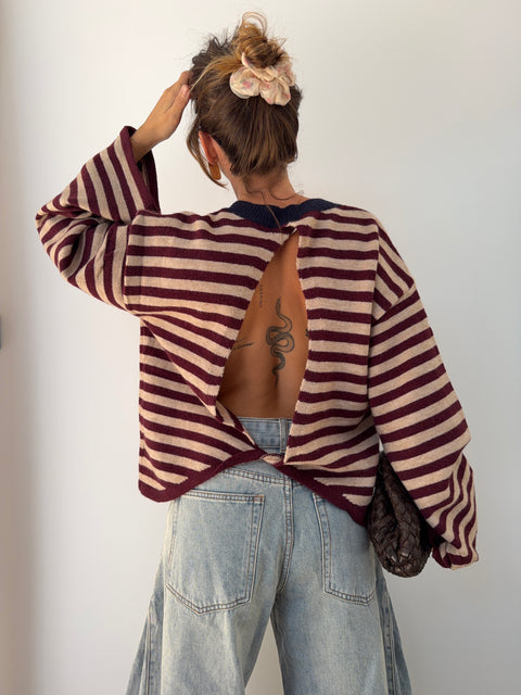 Pull dos nu rayé - chocolat & rose poudré