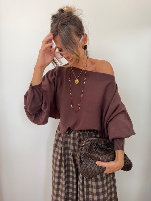 Pull asymétrique court - chocolat