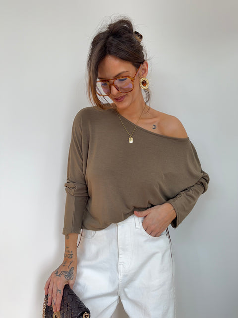 T-shirt manches longues asymétrique - kaki