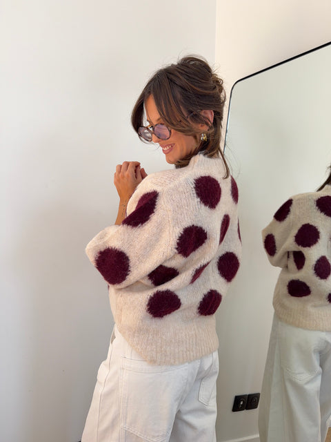 Pull à pois manches 3/4 - bordeaux
