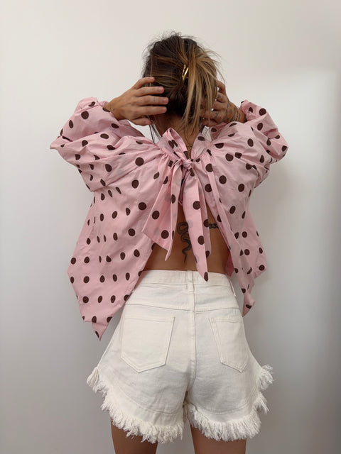 Blouse dos nu rose à pois
