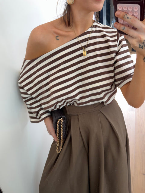 T-shirt à rayures asymétrique - marron