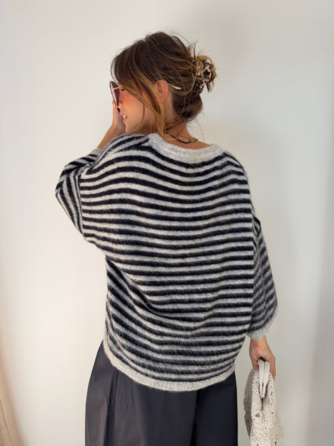 Pull manches 3/4 rayé - bleu marine