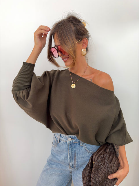 Pull asymétrique court - kaki