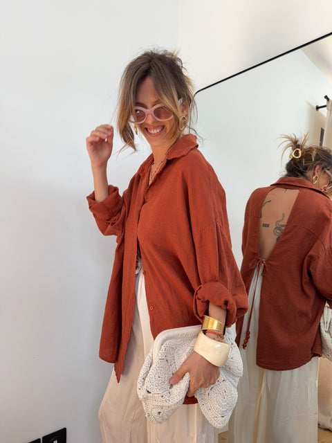 Chemise dos nu en lin - terracotta