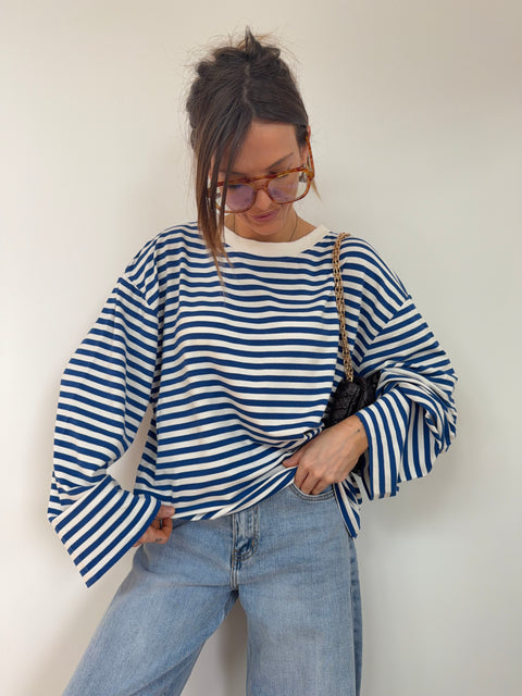 T-shirt manches longues rayé - bleu royale