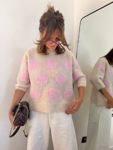Pull à pois manches 3/4 - rose
