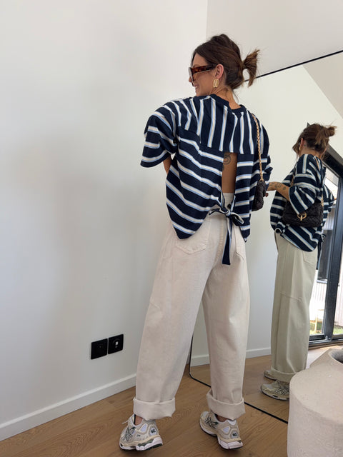 T-shirt rayé avec noeud - bleu marine