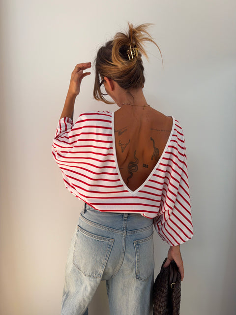 T-shirt dos nu V - blanc rayé rouge