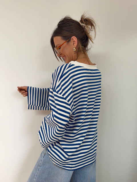 T-shirt manches longues rayé - bleu royale
