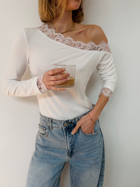 T-shirt manches longues à dentelle - blanc