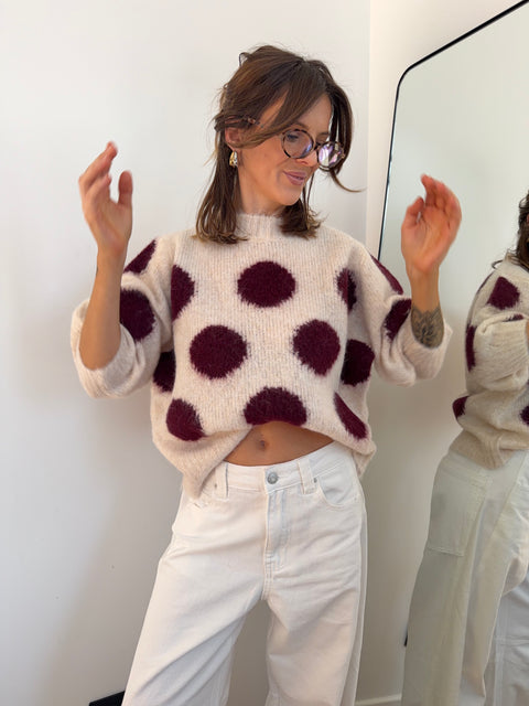 Pull à pois manches 3/4 - bordeaux