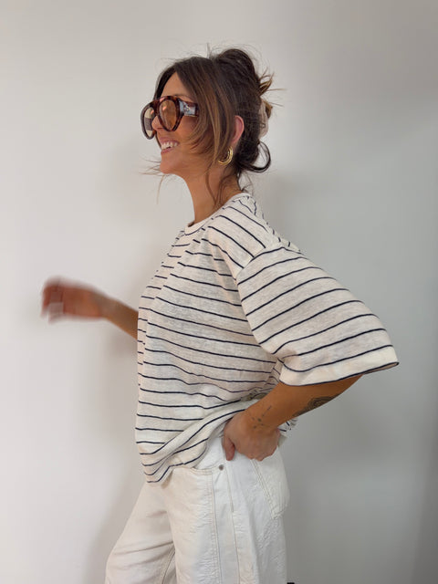 T-shirt à rayures - beige et bleu