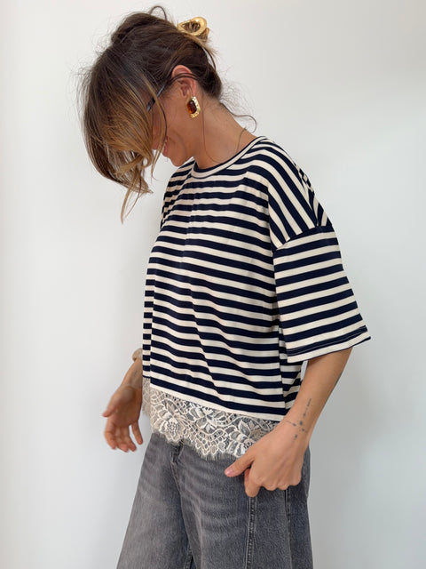 T-shirt rayé dentelle - marine