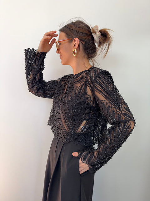 Haut dentelle et perles - noir