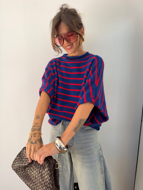 Pull Paris rayé - rouge & bleu roi