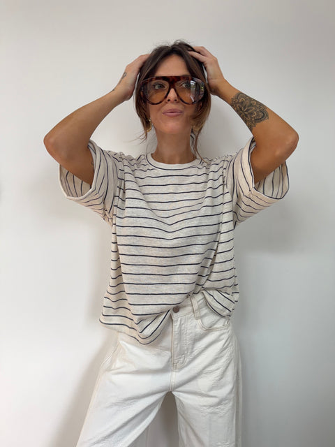 T-shirt à rayures - beige et bleu