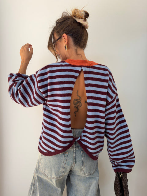 Pull dos nu rayé - bleu & bordeaux