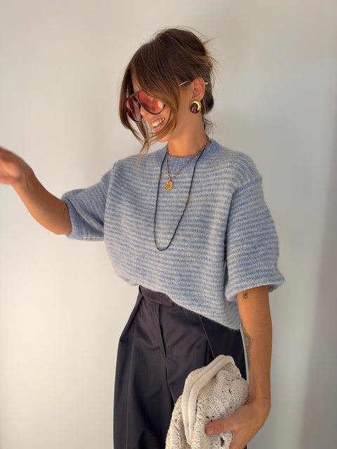 Pull manches 3/4 rayé - bleu clair