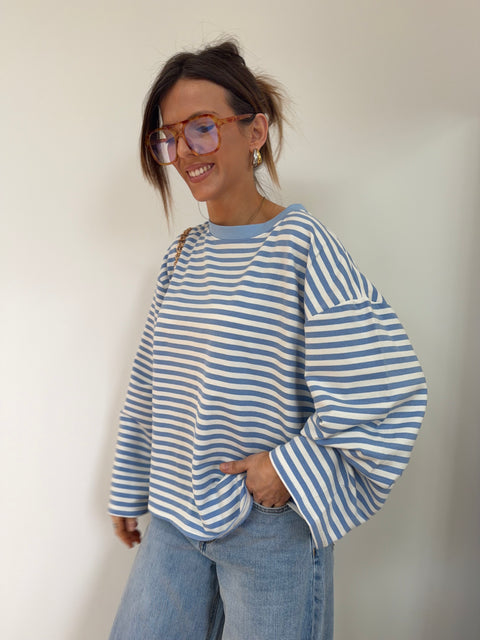 T-shirt manches longues rayé - baby blue